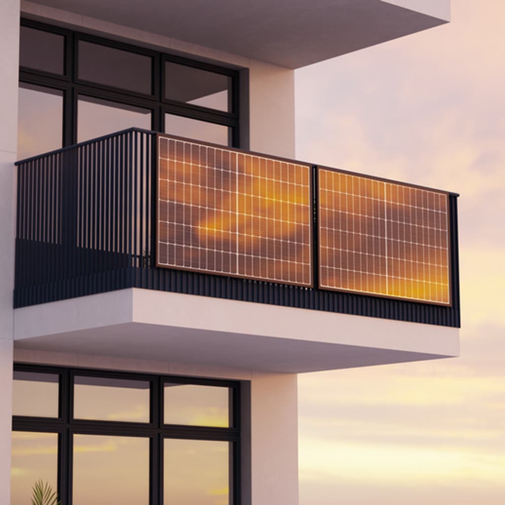 Balkon mit Balkonkraftwerk während Sonnenuntergang