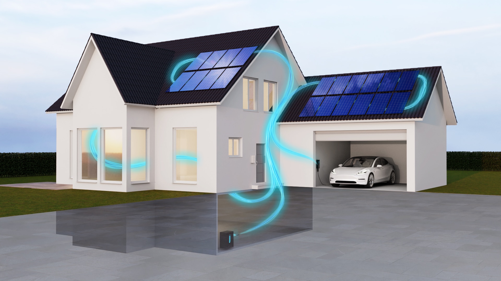 Haus mit verschiedenen Komponenten von Solarnative. Man sieht, wofür der generierte Strom genutzt werden kann.